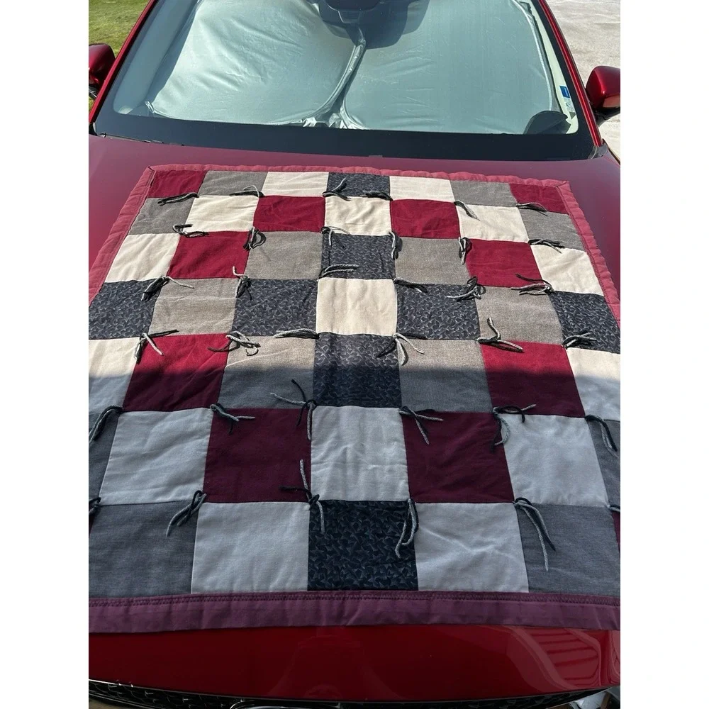 Handmade Patchwork Quilt Throw 40x41 Burgundy Grey Black Cream Hand Tied Cozy